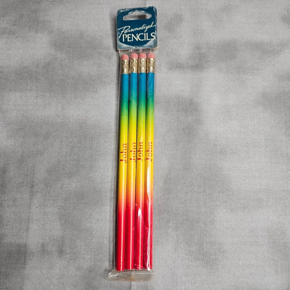 JOHN Personalized My Name Pencils New‎ Old Stock Sealed Rainbow Set of 4 Vintage